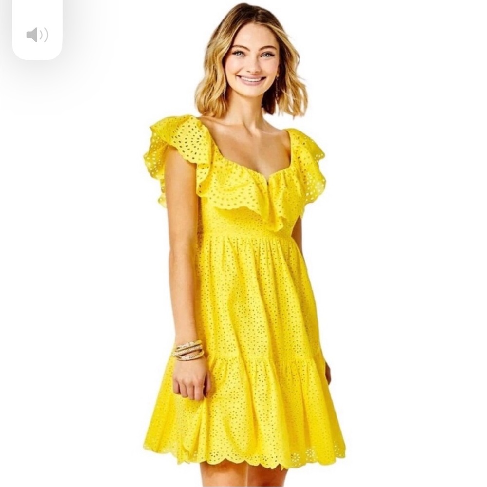 Lilly Pulitzer Asteria Daisy Dreams Eyelet Ruffle Pocket Dress Resort yellow